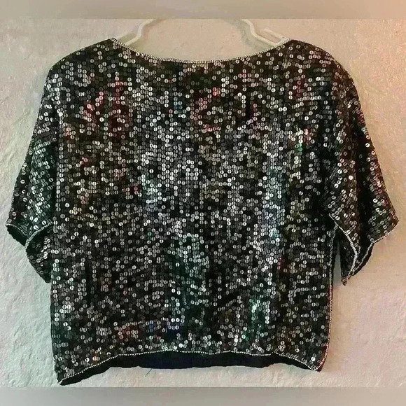 Vintage black beaded and sequined cropped top with silver flower detail; size M - Picture 2 of 6